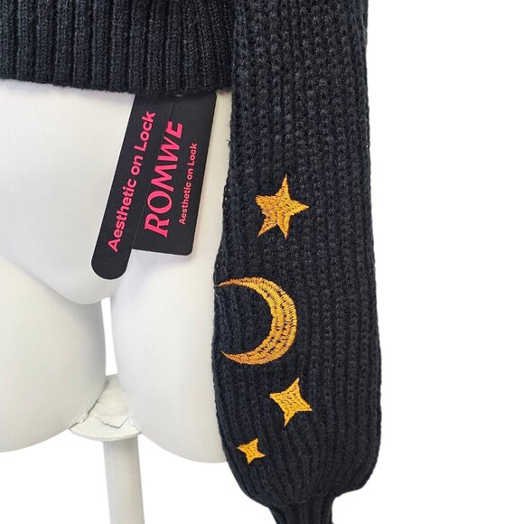 ROMWE Womens Embroidered Celestial Cat Knit Turtleneck Sweater, Black, Size M - Picture 3 of 10